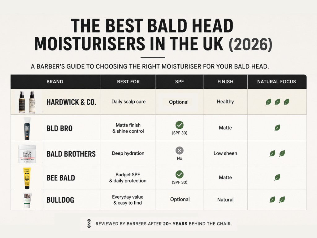 A comparison chart of the best 5 moisturisers for bald heads in the UK in 2026