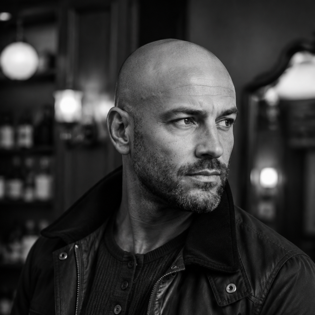 A black and white portrait of a bald man with a beard, wearing a dark leather jacket over a dark ribbed henley shirt, set against a blurred bar background.