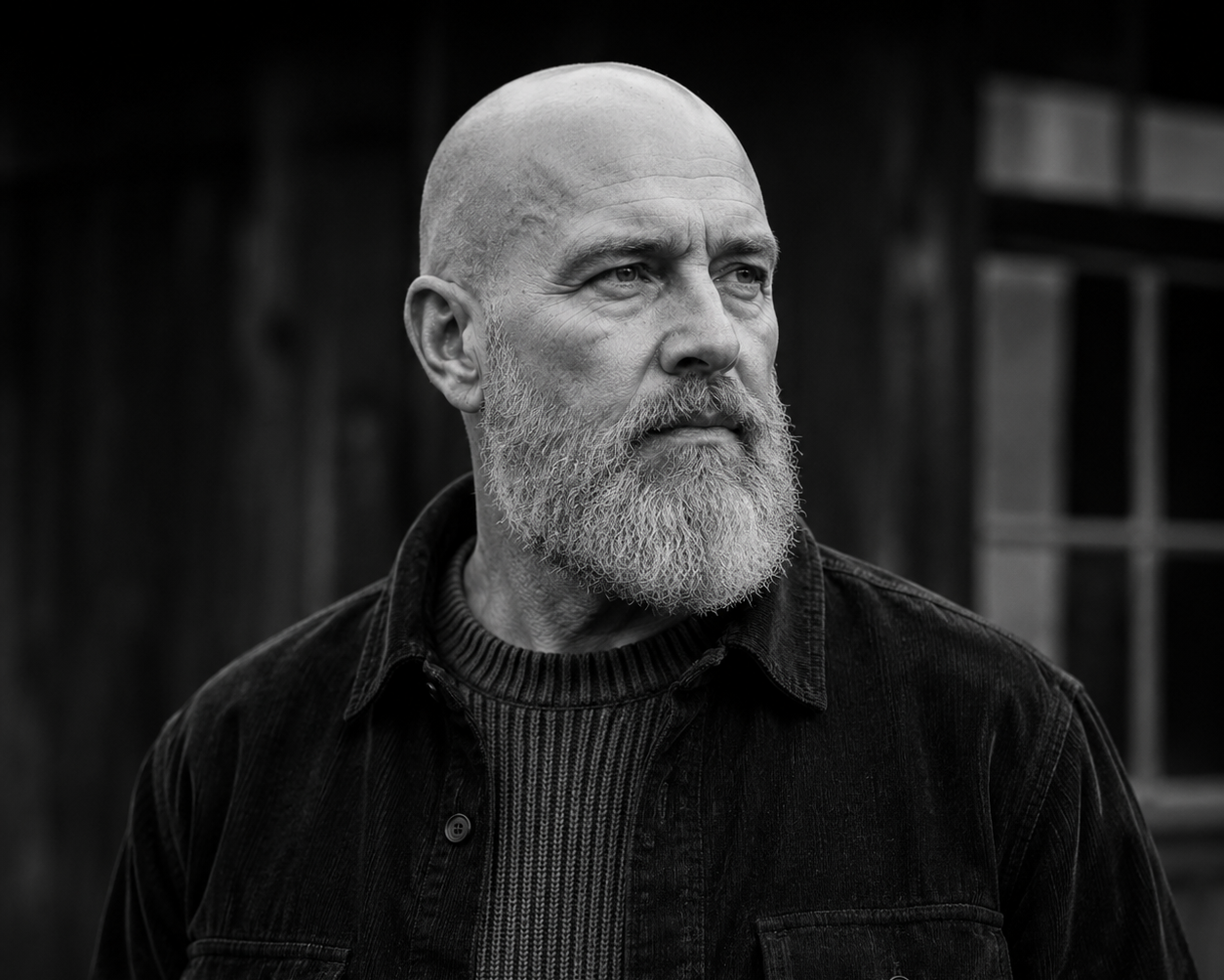 A black and white portrait of a bald man with a full beard, wearing a dark button-up shirt over a ribbed knit sweater, set against a dark, blurred rustic background.