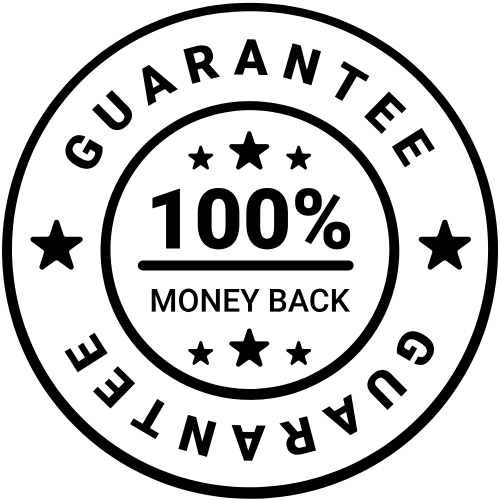 A circular black and white graphic seal reading 'GUARANTEE 100% MONEY BACK' with stars and bold text on a plain white background.