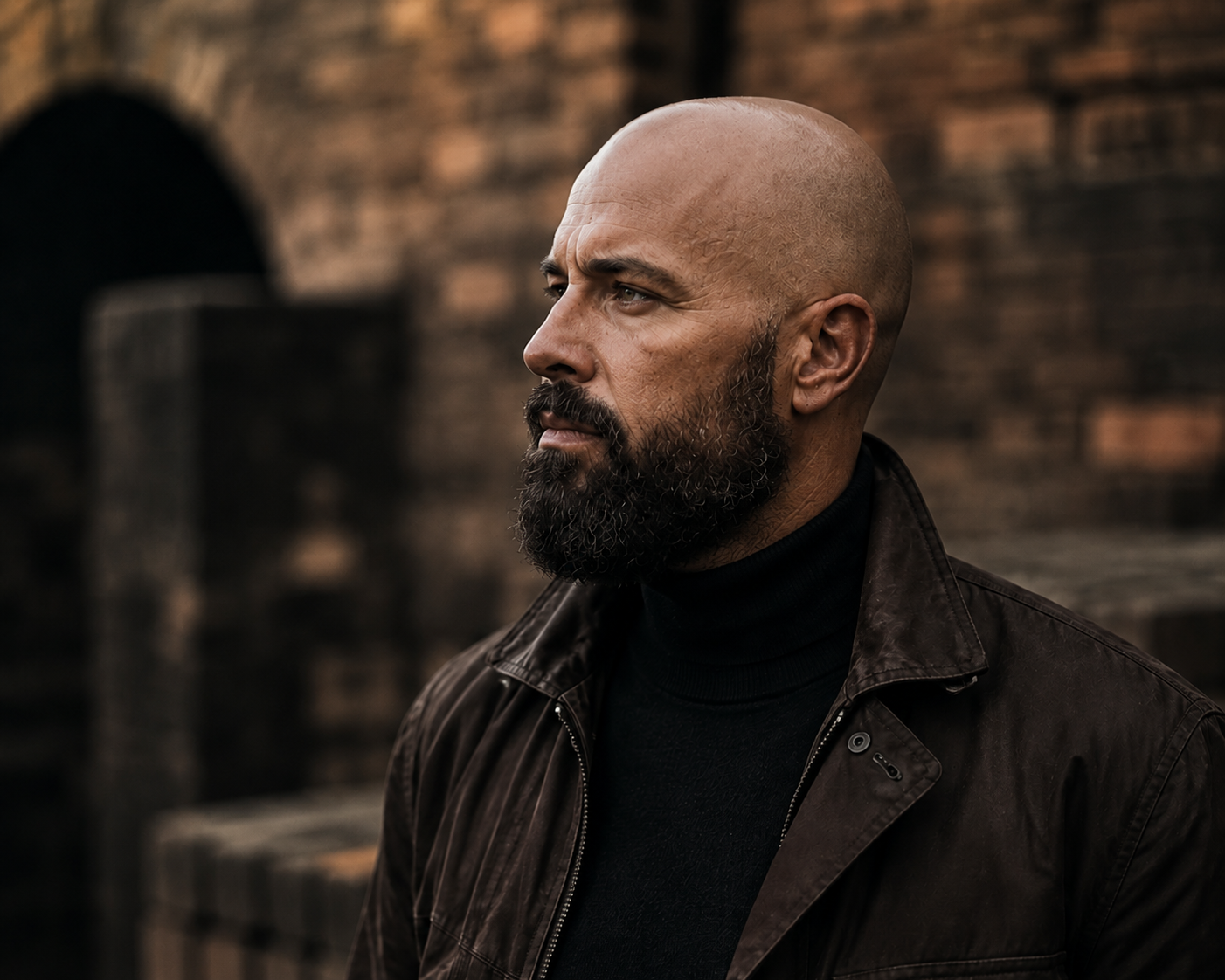 A close-up portrait of a bald man with a dark beard, wearing a dark brown jacket over a black turtleneck, set against a blurred brick wall background.