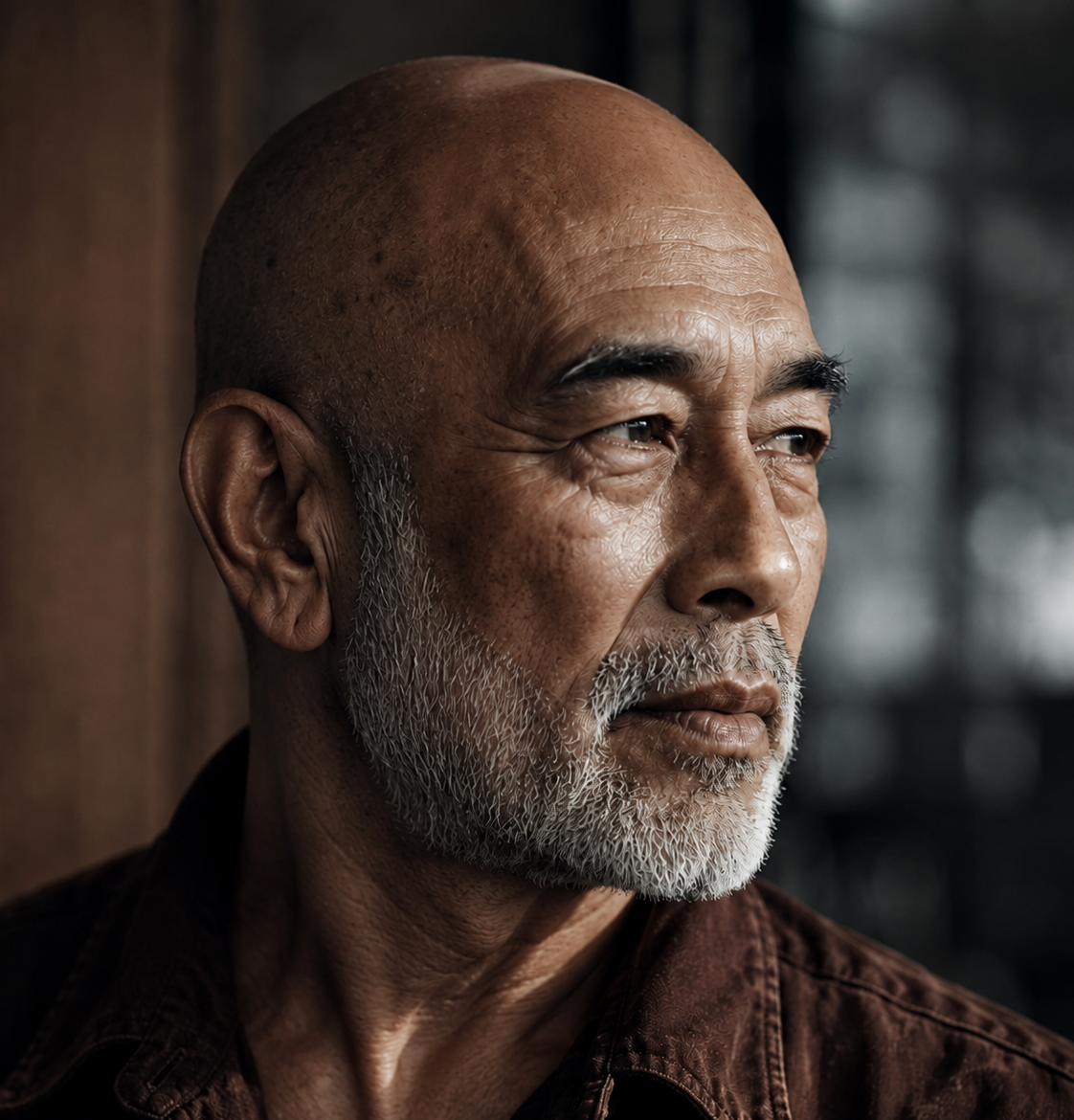 A close-up portrait of an older bald man with a gray beard, wearing a dark brown collared shirt, captured in dramatic, moody lighting against a dark background.
