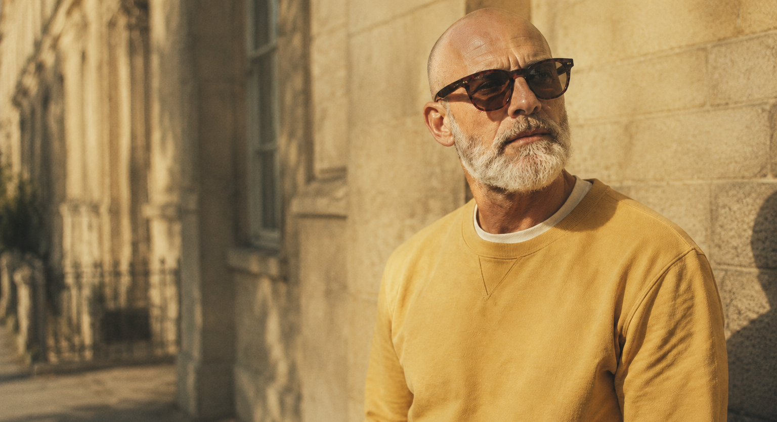 A man with a gray beard and bald head wearing dark sunglasses and a mustard yellow sweatshirt, standing outdoors against a sunlit stone wall.