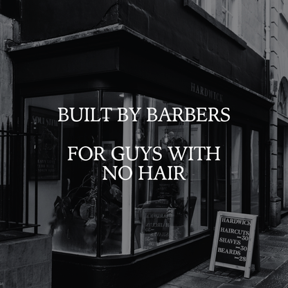 Barbershop exterior with text 'Built by barbers for guys with no hair' displayed.