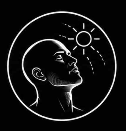 Black and white illustration of a profiled face looking up at a sun symbol, enclosed in a circular border on a black background.