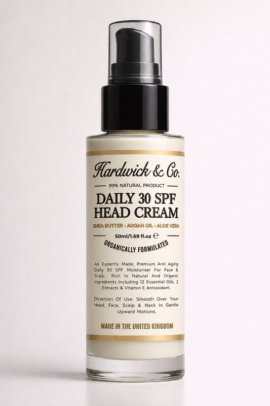 Bottle of Hardwick & Co Daily 30 SPF Head Cream on a light gray background