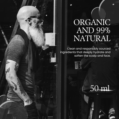 Man with tattoos and a beard standing in front of a store window with product information text.