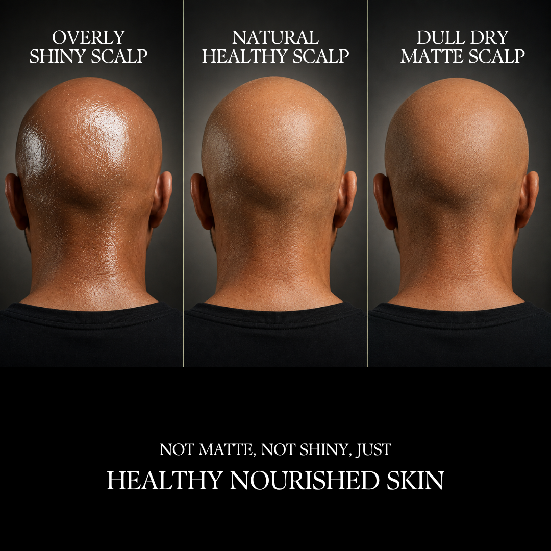 Three views of a person's scalp labeled 'Overly Shiny Scalp', 'Natural Healthy Scalp', and 'Dull Dry Matte Scalp' with text about healthy nourished skin.