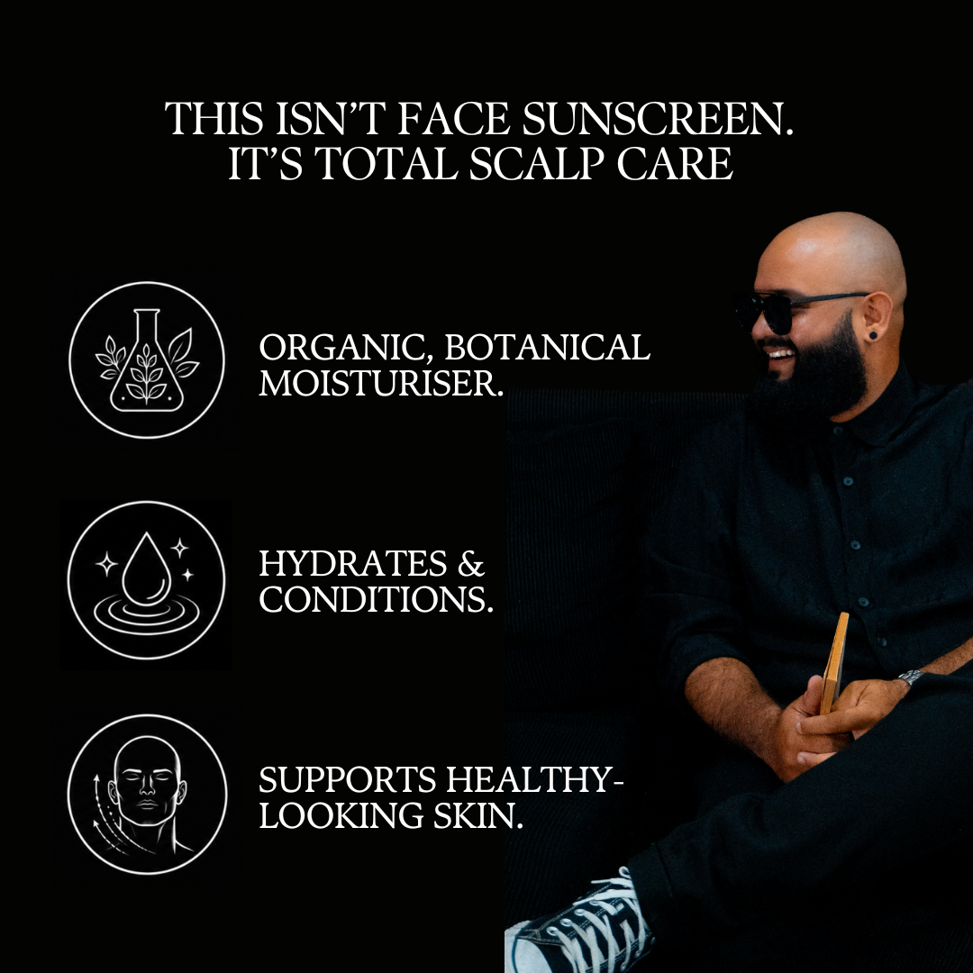 Person with bald head and sunglasses sitting against a black background with text about scalp care product.