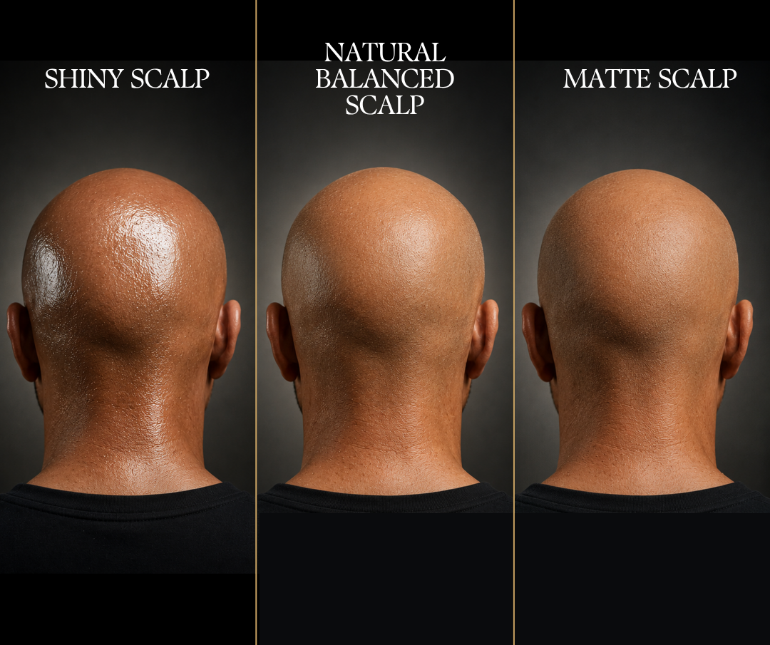 Three vertical comparison panels showing the back of a bald man's head and neck, labeled 'SHINY SCALP,' 'NATURAL BALANCED SCALP,' and 'MATTE SCALP,' against a dark gray background.