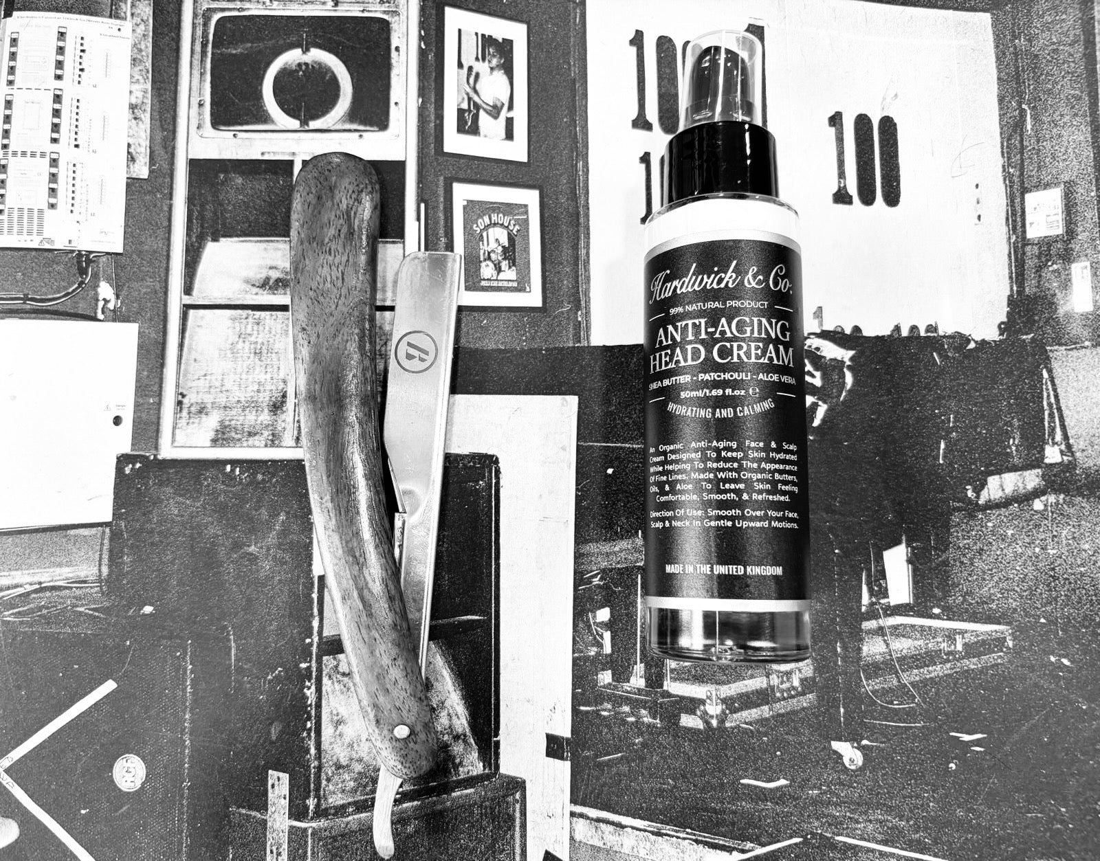 Vintage bottle of Hardwick & Co. Anti-Aging Head Cream with a wooden tool on a cluttered background.