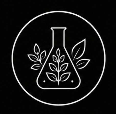 White icon of a beaker with leaves on a black background