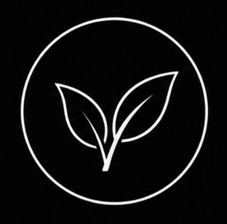 White leaf symbol in a circle on a black background